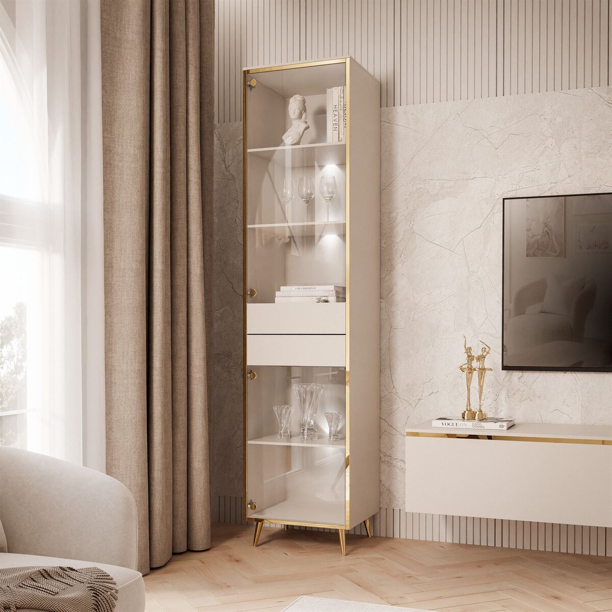 Witryna AURORA kaszmir z oświetleniem LED nogi skośne