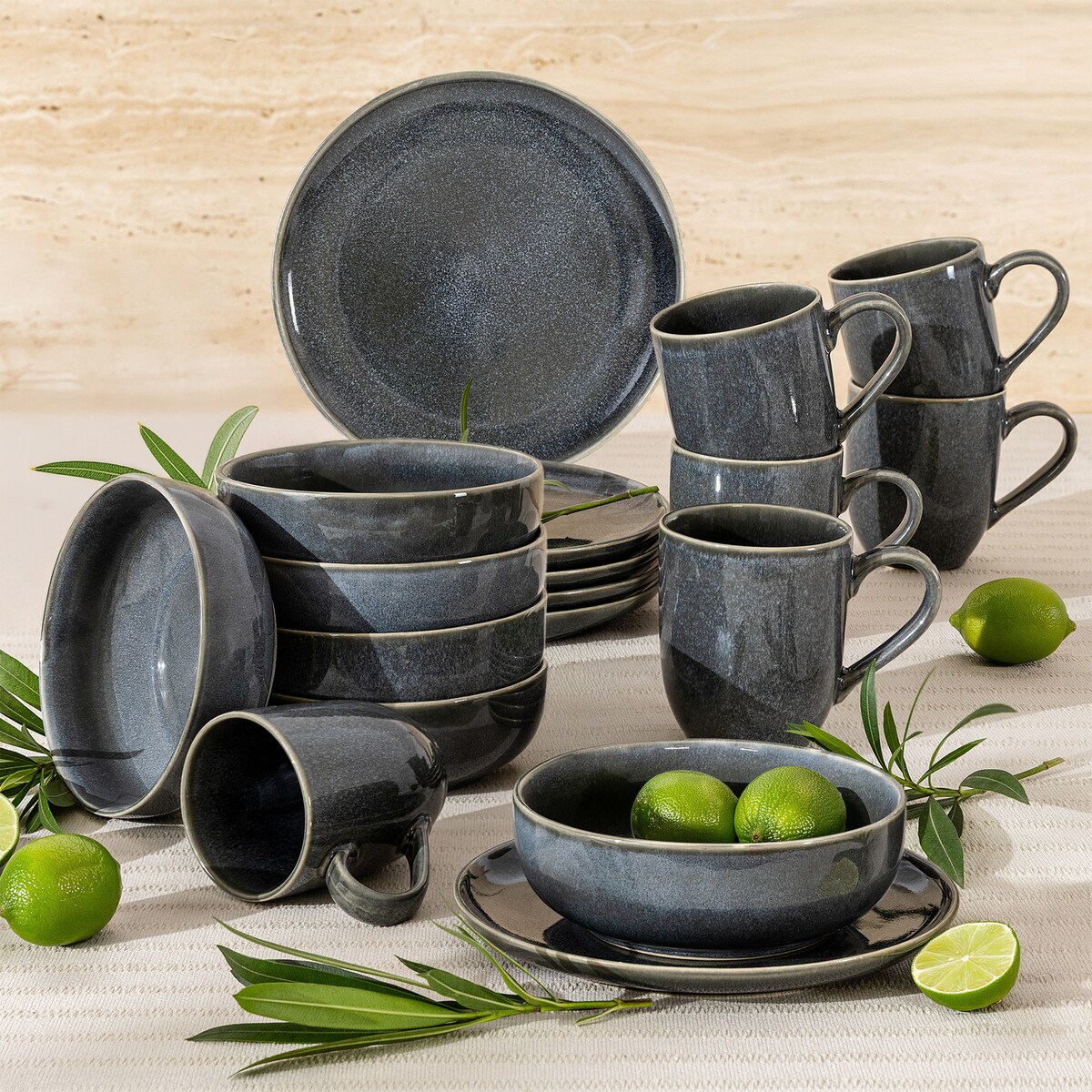 EDA Zestaw śniadaniowy 6 os. (18 el.), niebieski/szary/beżowy