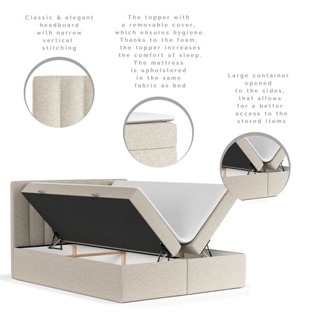 Łóżko tapicerowane AMARO 180x200 z pojemnikiem, Jasny Beż, tkanina Megan 353