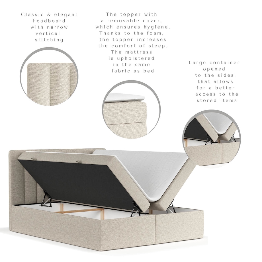 Łóżko tapicerowane AMARO 180x200 z pojemnikiem, Jasny Beż, tkanina Megan 353