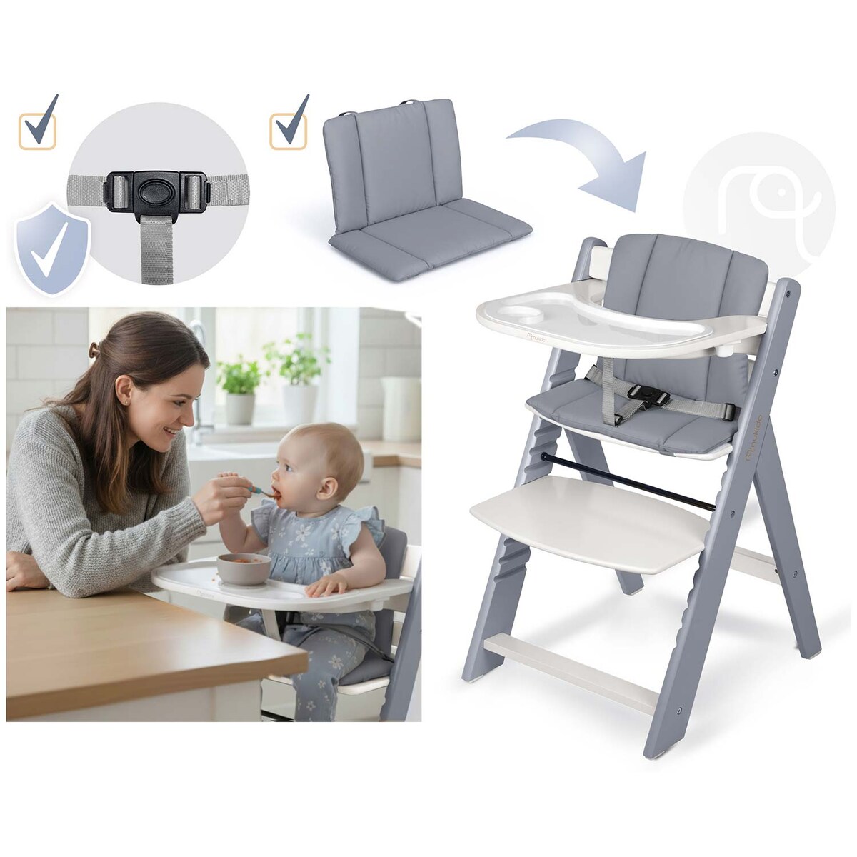 Drewniane krzesełko do karmienia Nukido tacka solidne regulowane pasy 703001