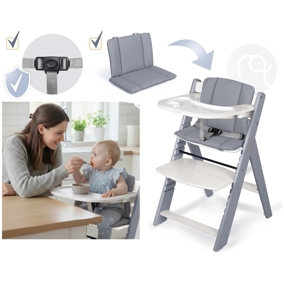 Drewniane krzesełko do karmienia Nukido tacka solidne regulowane pasy 703001