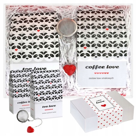 Zestaw prezentowy upominkowy "LOVE BOX" - herbaty, kawy, zaparzacz - prezent upominek na walentynki dla chłopaka dziewczyny niej niego żony męża kobiety faceta mężczyzny narzeczonej