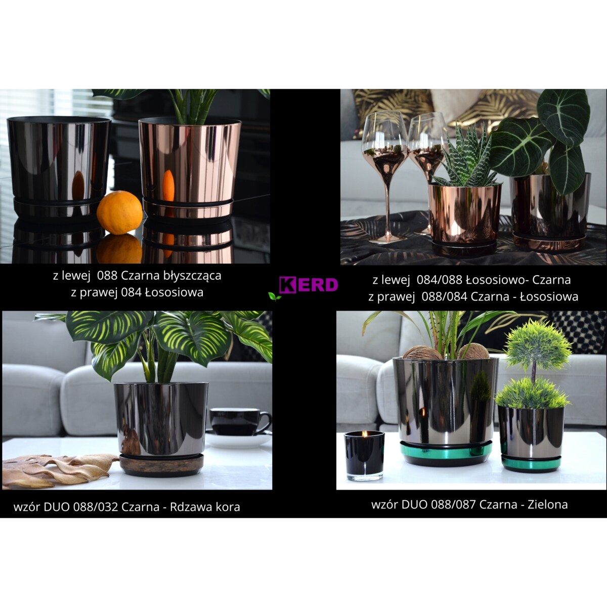 12 Doniczka DUO CZARNA z podstawką ZIELONA dwukolorowa nowoczesna industrialny loft glamour wysoki połysk metaliczna elegancka