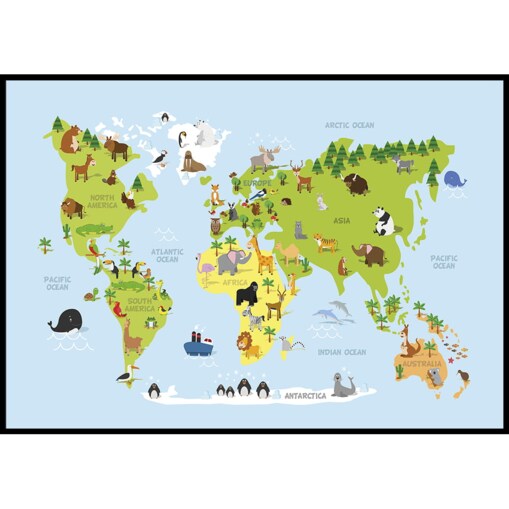 plakat mapa świata zwierzaki 21x30 cm