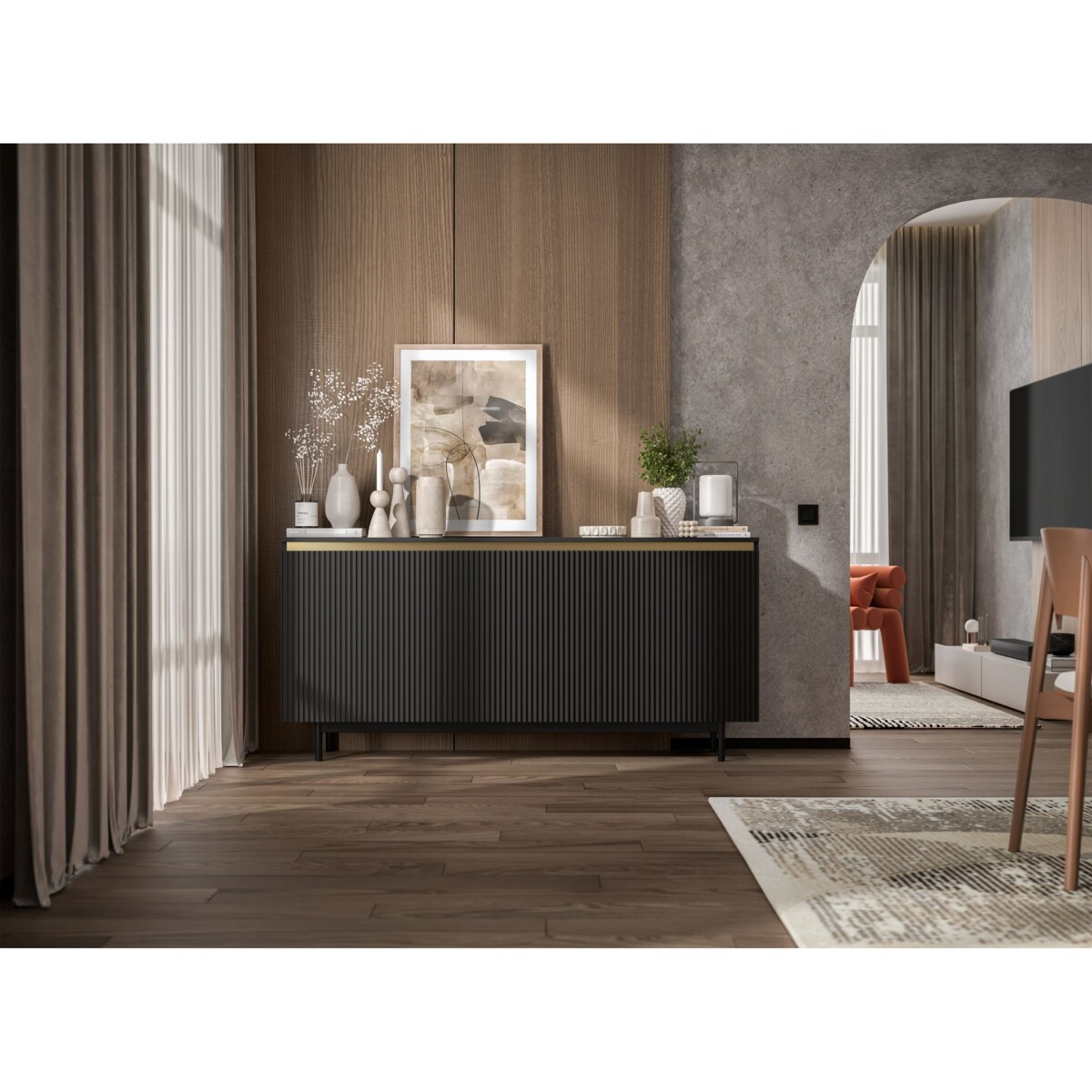 Komoda RTV Glamour 167 cm czarna matowa ryflowane fronty czarna rama