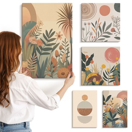 Zestaw 5 obrazów na płótnie - Roślinne motywy boho abstrakcja - brązowy