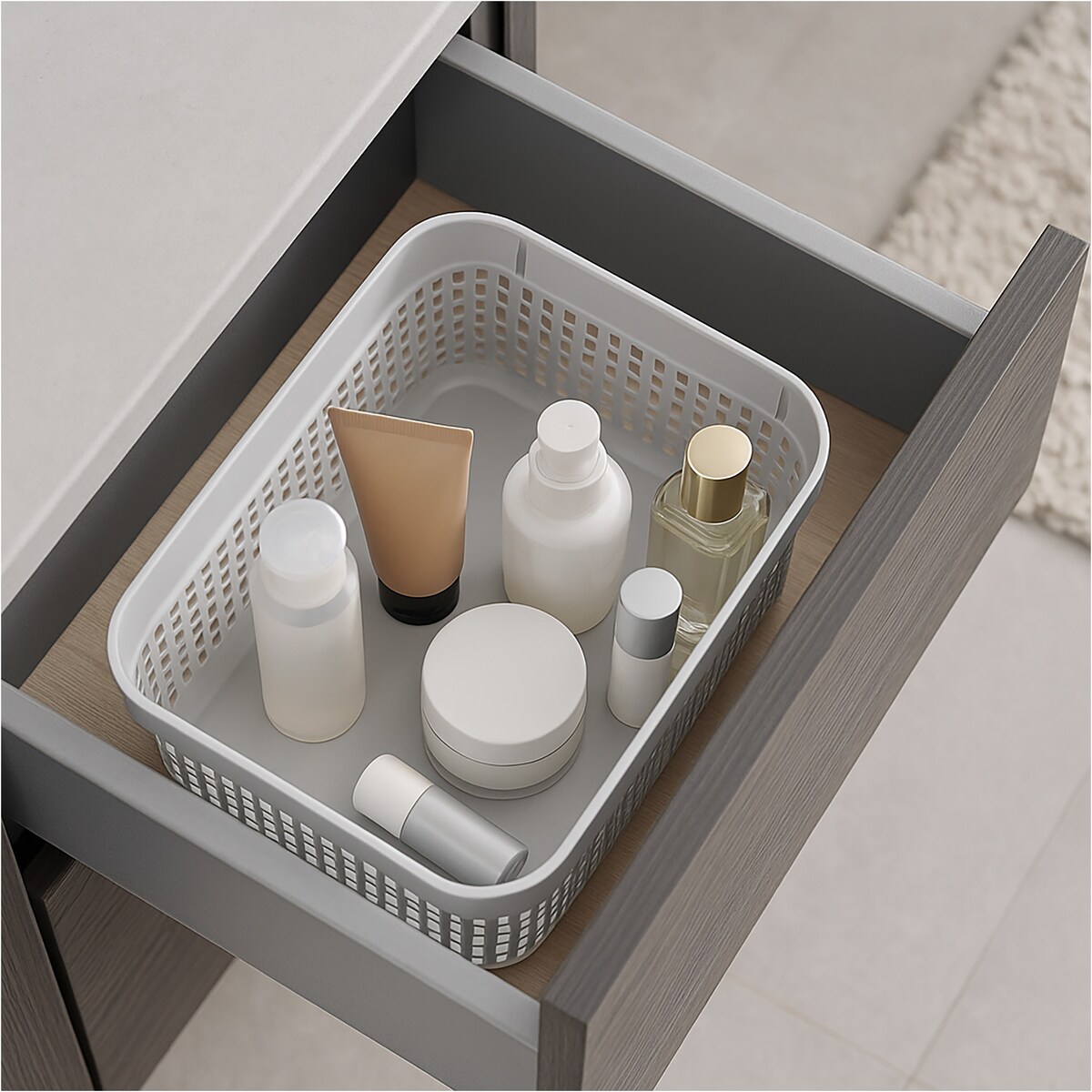 Koszyk Ażurowy Koszyczek S Plastikowy Na Kosmetyki Do Łazienki Pudełko Pojemnik Do Szuflady Jasnoszary