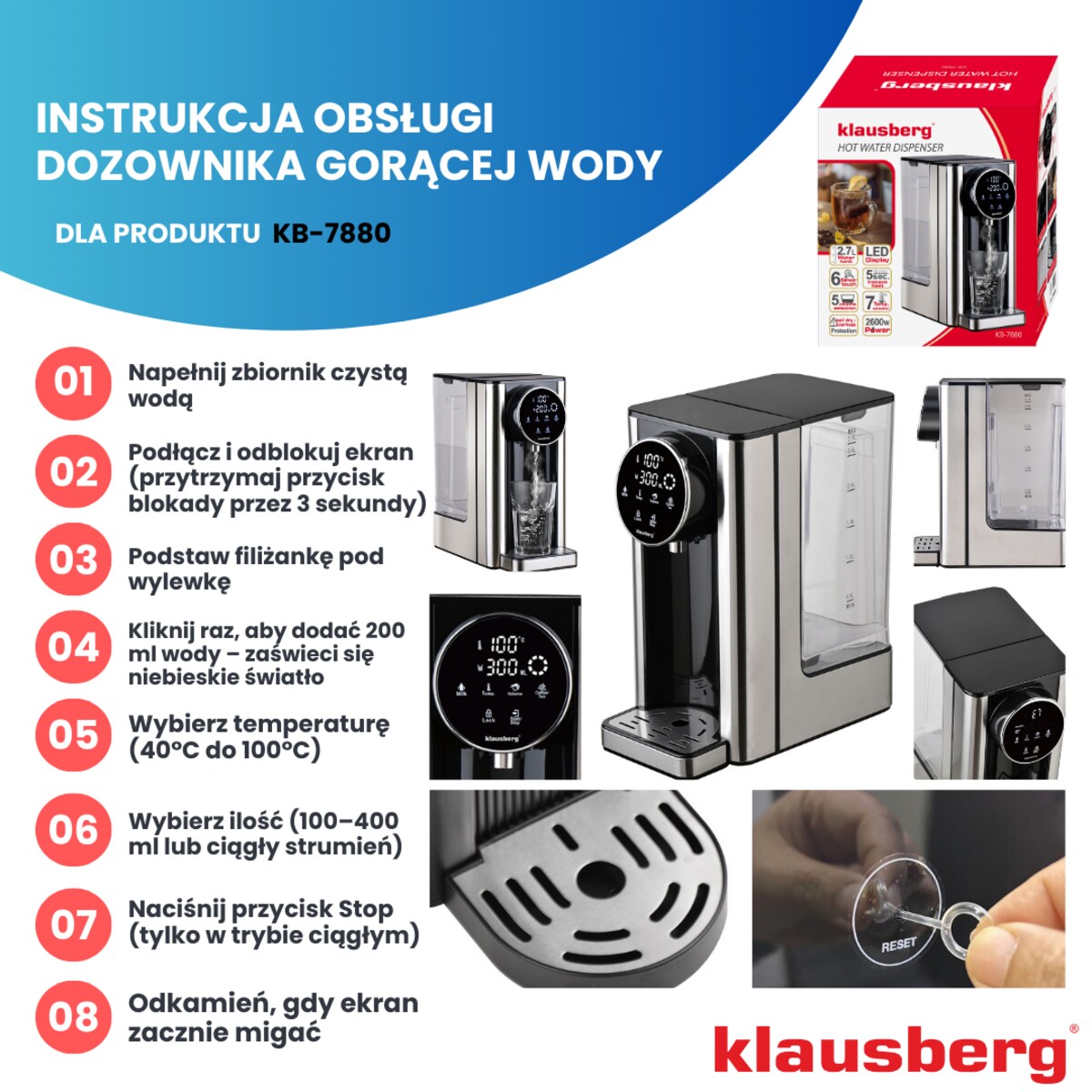 Dozownik dystrybutor podgrzewacz do gorącej wody 2.7L z regulacją temperatury KLAUSBERG