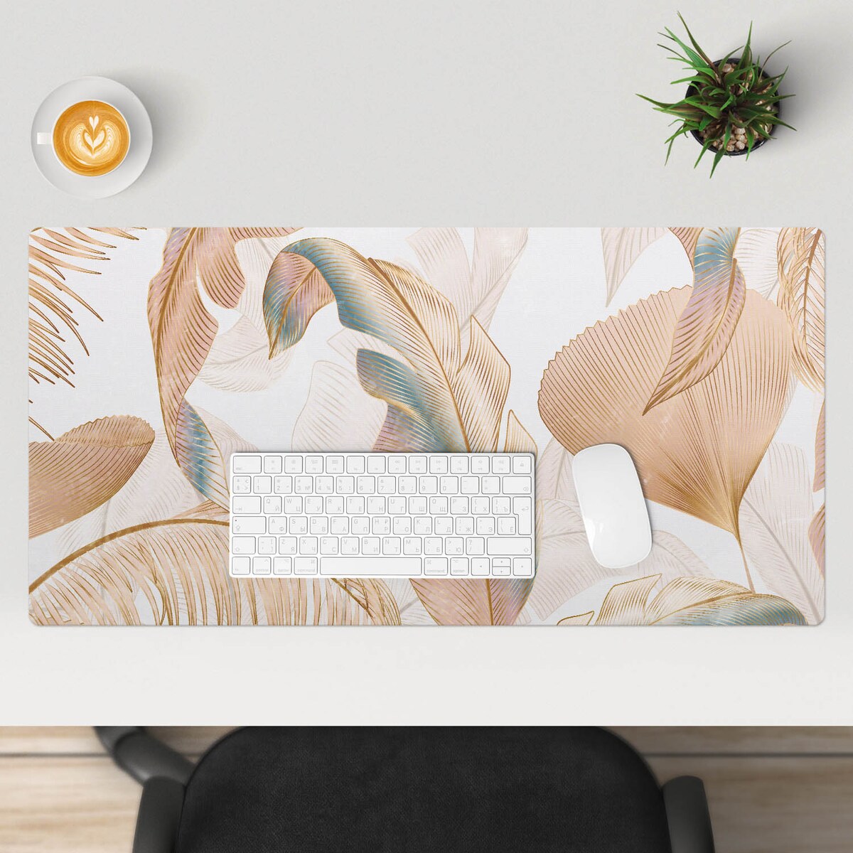 Beżowa mata na biurko Delikatne liście, 90x45 cm