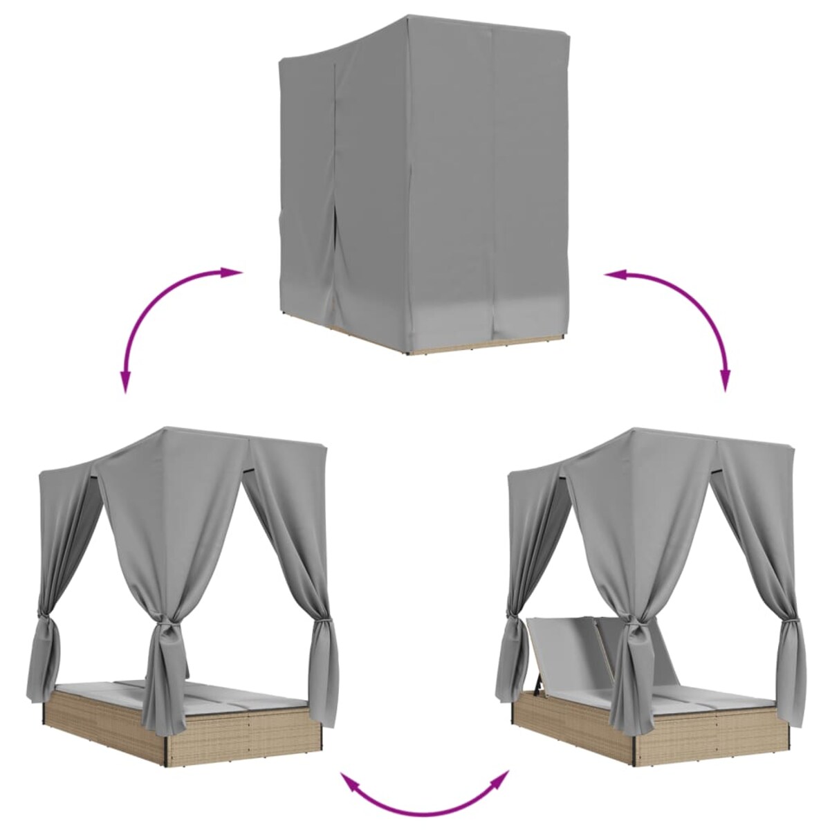 vidaXL Podwójna leżanka z daszkiem i zasłonami, beżowy polirattan