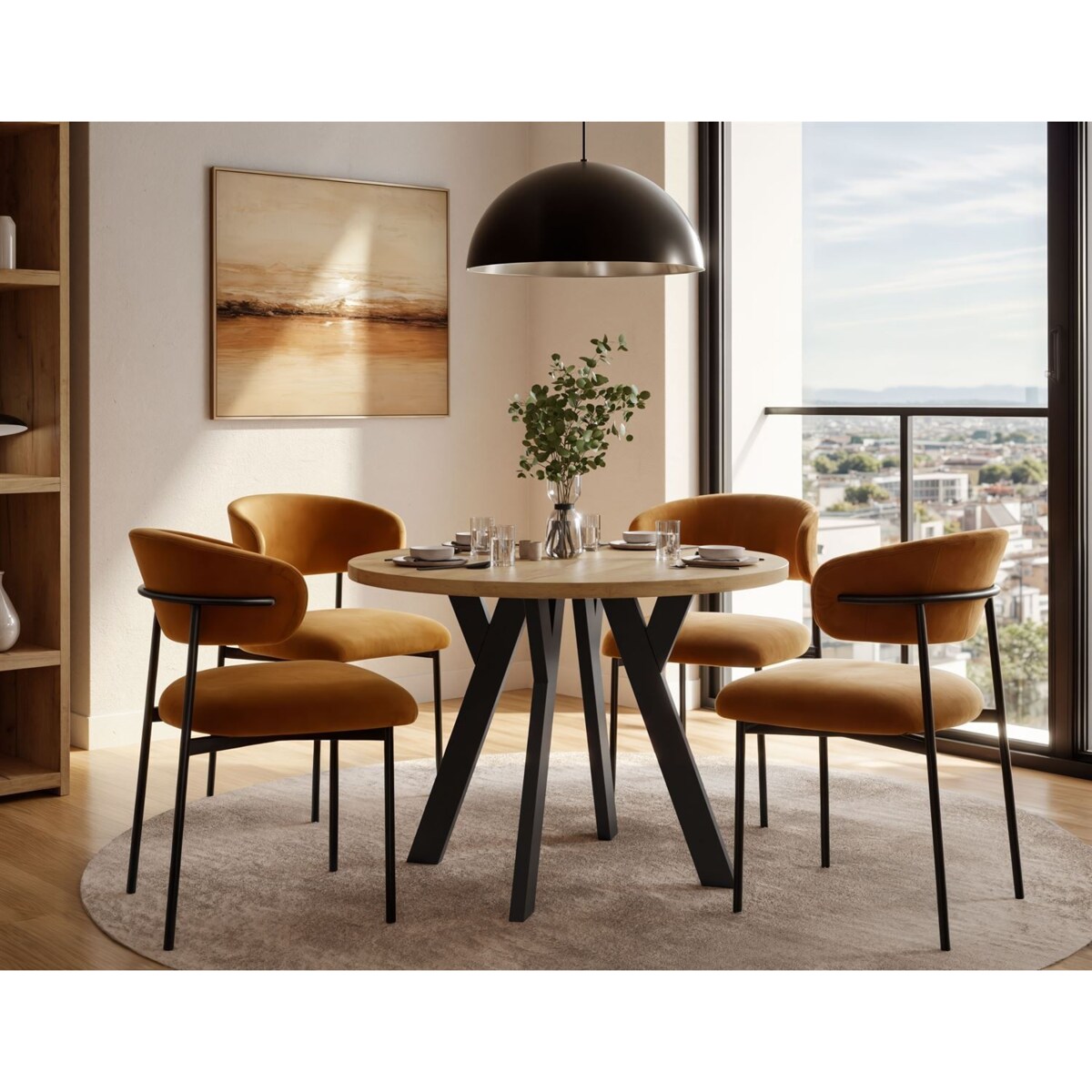 Okrągły stół rozkładany VOLTA LOFT, nogi czarne, blat dąb craft złoty