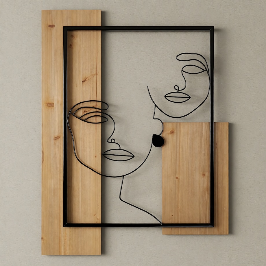 Dekoracja ścienna Faces, kolor czarny i brązowy, żelazo i płyta MDF, 63 x 90 cm, motyw: twarz, do salonu i przedpokoju, Mauro Ferretti