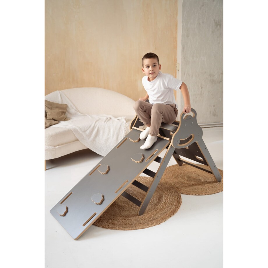 Drabinka Pikler ŚCIANKA WSPINACZKOWA + DUŻA zjeżdżalnia CHMURKI - szara