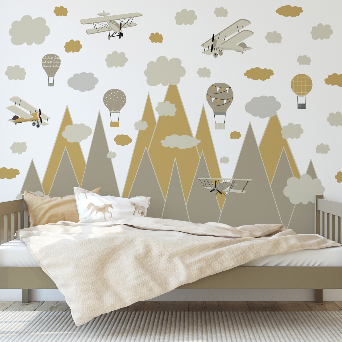 NAKLEJKI NA ŚCIANĘ DLA DZIECI BRĄZOWE GÓRY BALONY SAMOLOTY VINTAGE ZESTAW