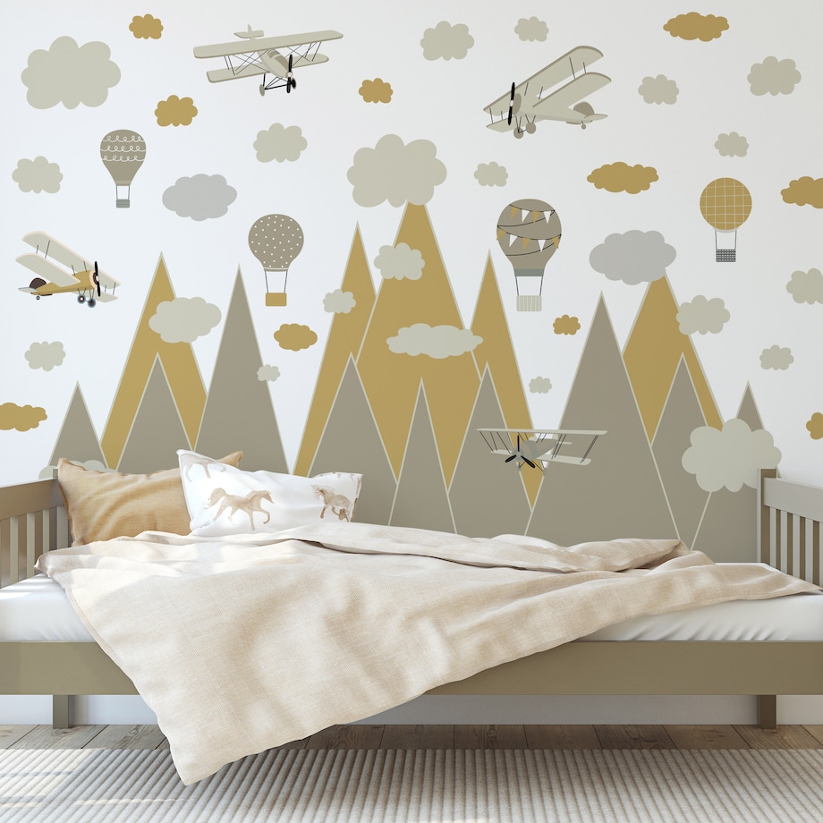 NAKLEJKI NA ŚCIANĘ DLA DZIECI BRĄZOWE GÓRY BALONY SAMOLOTY VINTAGE ZESTAW