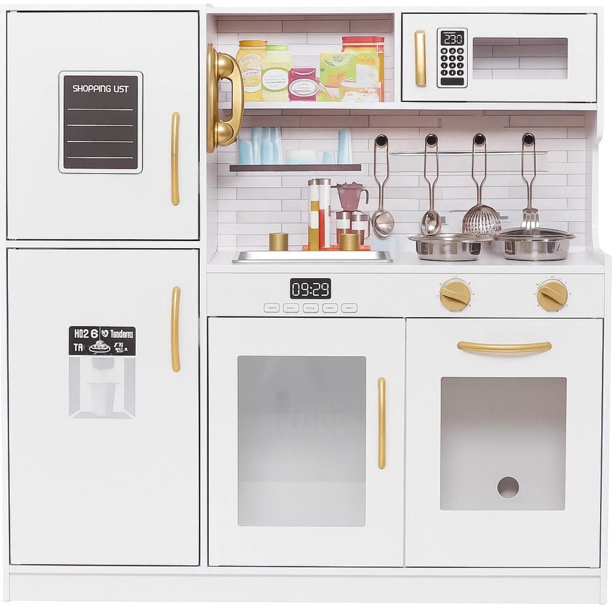 Drewniana kuchnia MILK dla dzieci – biała kuchnia z lodówką, zlewem, mikrofalą i akcesoriami