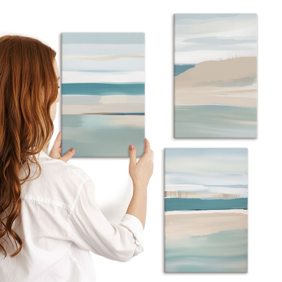 Zestaw 3 małych obrazów na płótnie - Abstrakcyjne niebieskie pejzaże - turkusowy