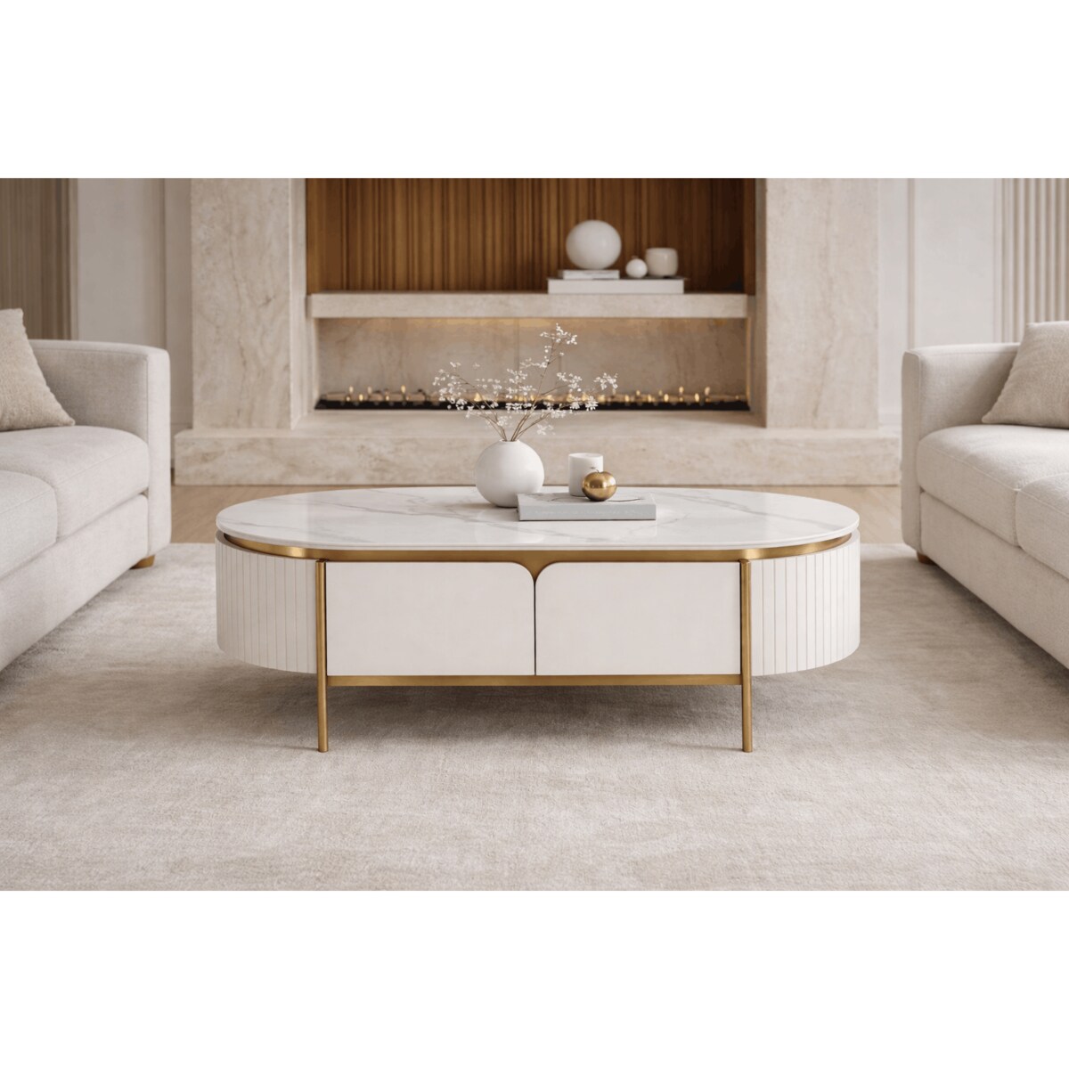 Owalny stolik kawowy glamour ecru Bueno ryflowany 122x70x45