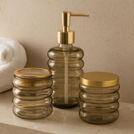 Zestaw łazienkowy szklany - dozownik, kubek i pojemnik 19x8,5 cm IMPOSTATO brzoskwiniowy