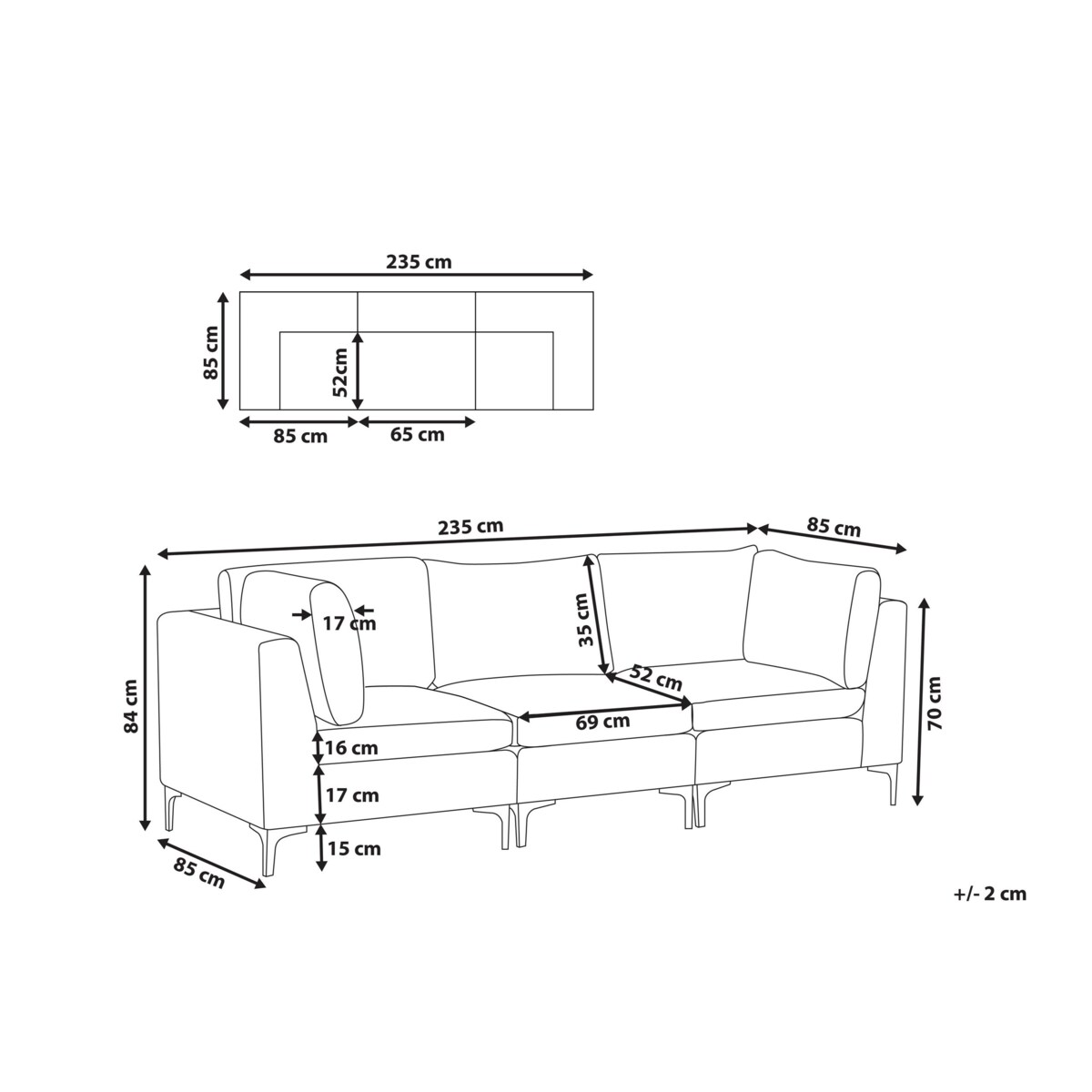 Sofa modułowa 3-osobowa welurowa niebieska EVJA