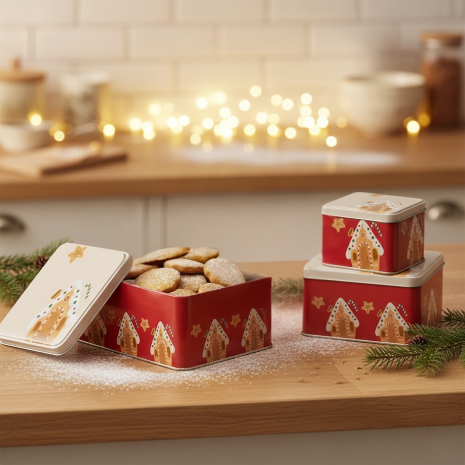 Puszka 3 szt. metalowa na ciastka świąteczne 18x18x8,5 cm POTERA czerwona