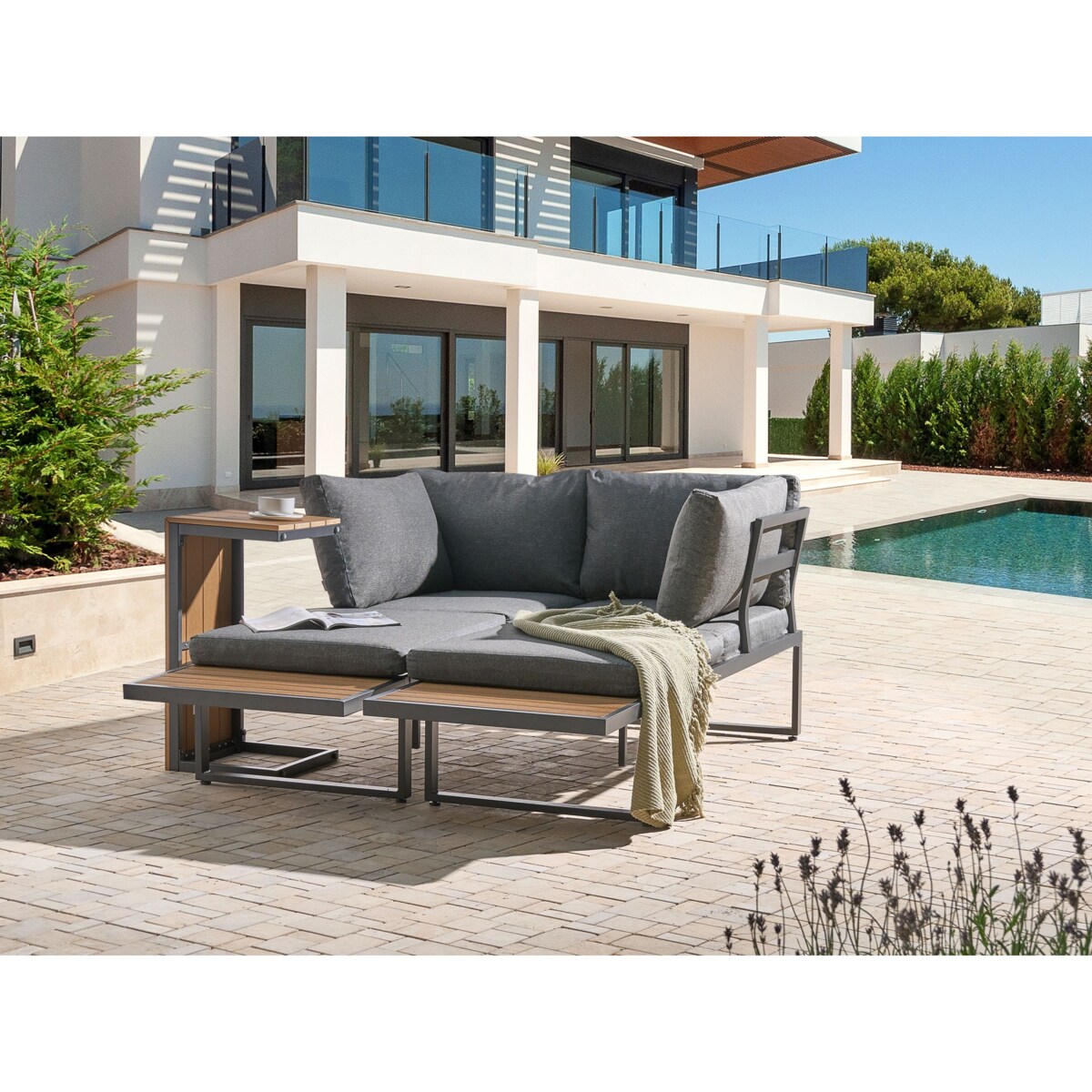 Narożnik ogrodowy ze stolikiem dla 4 osób PIENZA Prawostronny Jasny brąz/ szary