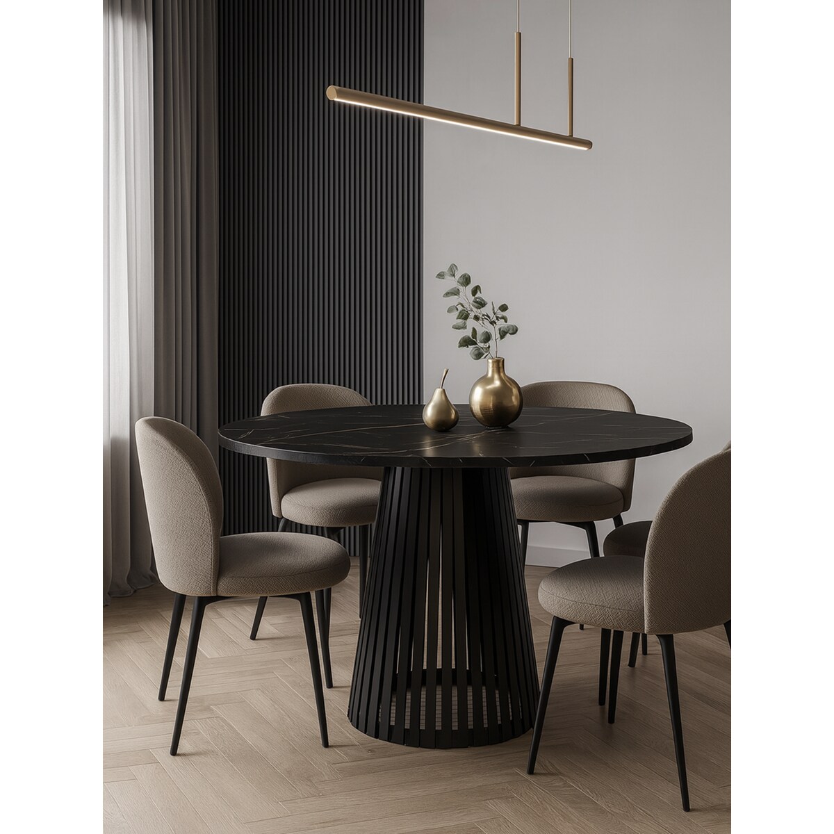 Stół okrągły VIV z lamelami do jadalni , salonu, blat 90 cm - ciemny marmur