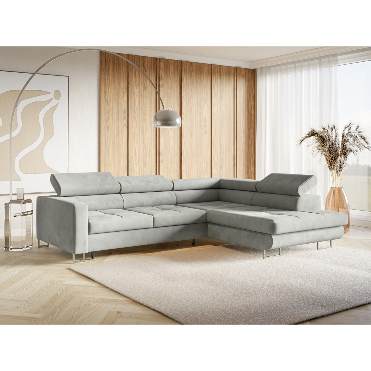 Narożnik rozkładany MERY P z regulowanymi zagłówkami na srebrnych nóżkach