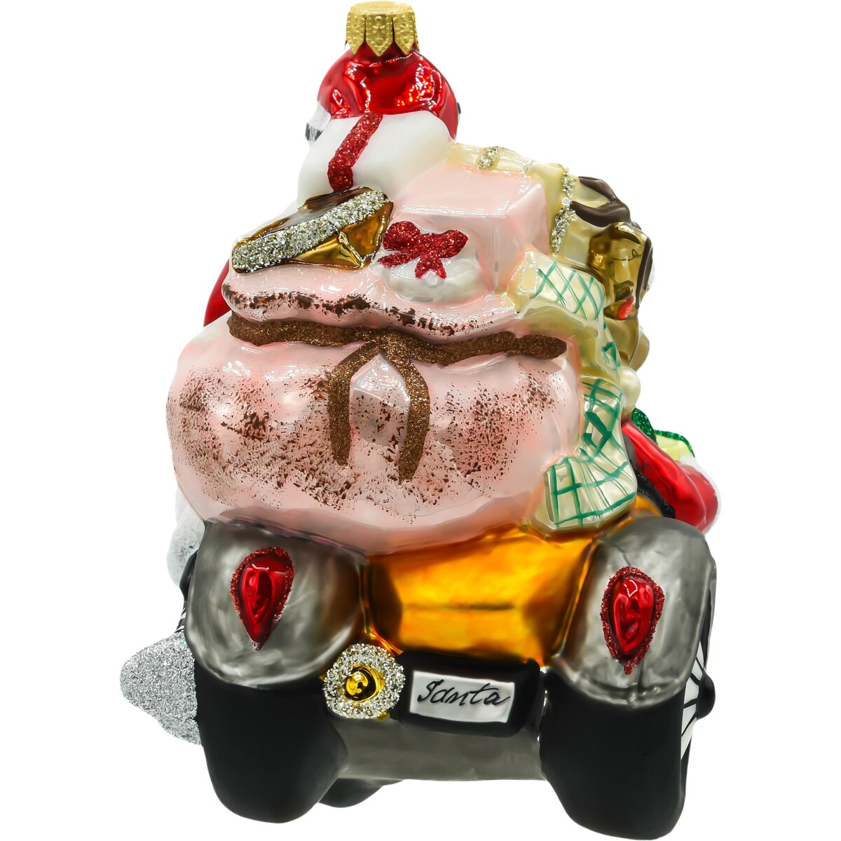 Bombka choinkowa: Wielki Święty Mikołaj na motocyklu z reniferem