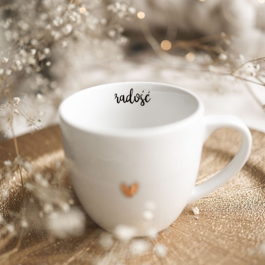 Biały kubek porcelanowy 300 ml „Radość" ze złotym sercem - prezent dla niej, na urodziny, Dzień Kobiet, Dzień Matki