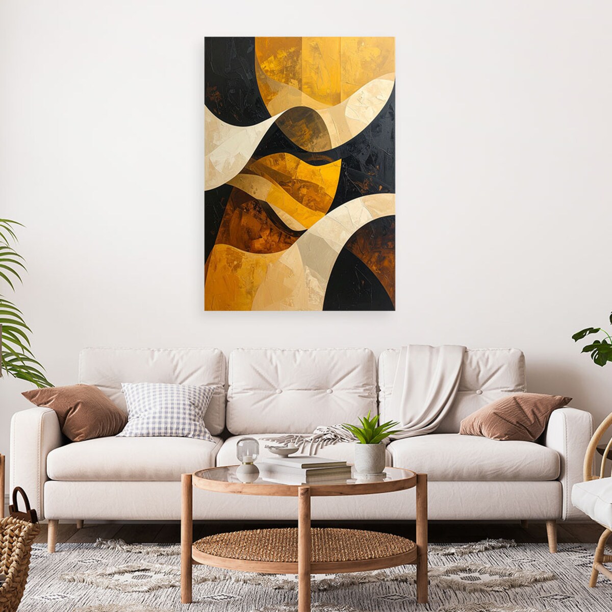 Obraz do salonu sypialni biura loftu, Abstrakcja linie fale zółty czarny złoty