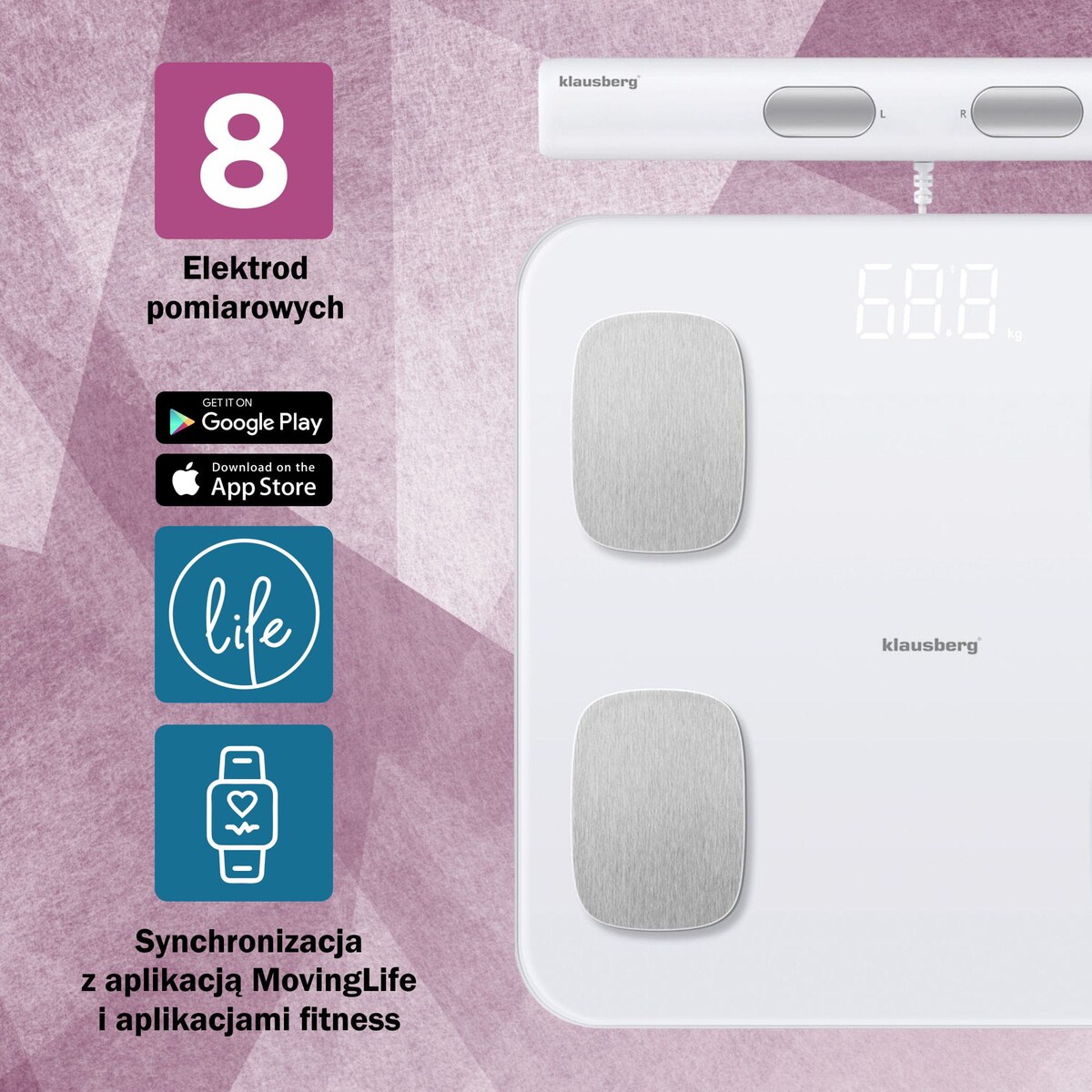 Waga łazienkowa z pomiarem tkanki tłuszczowej i składu ciała, Smart, BT, KLAUSBERG biała