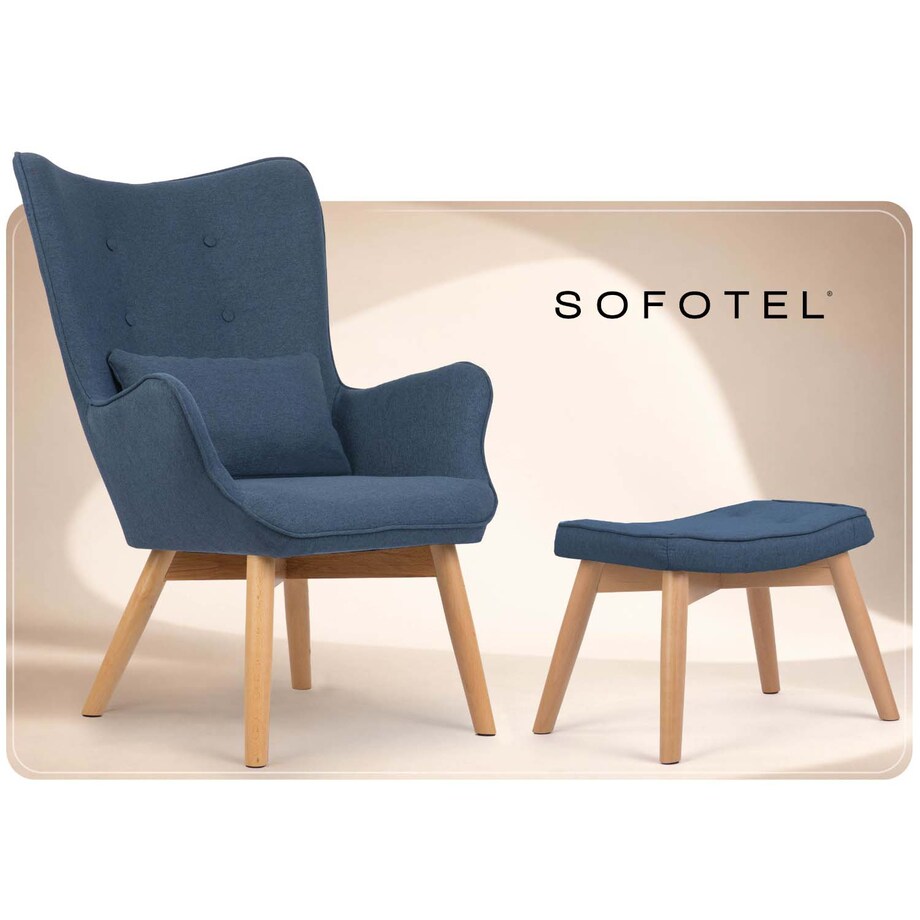 Fotel uszak Sofotel Norse skandynawski do salonu z podnóżkiem wygodny granatowy
