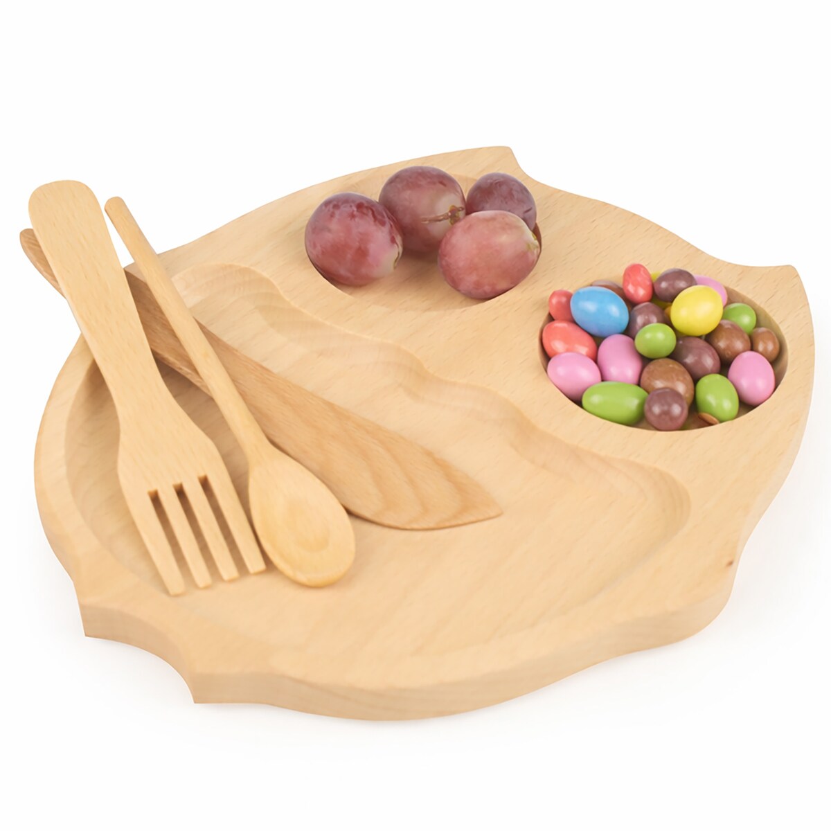 Tacka Drewniana Dla Dzieci Sowa Zestaw Talerzyk + Sztućce Naturalne Drewno