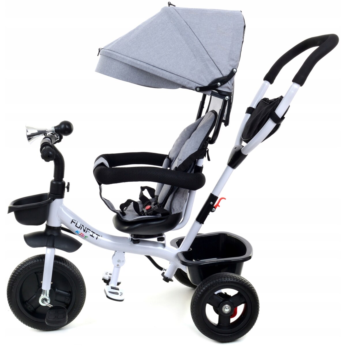 Rowerek trójkołowy spacerowy dla dzieci Funfit Kids szary z trąbką