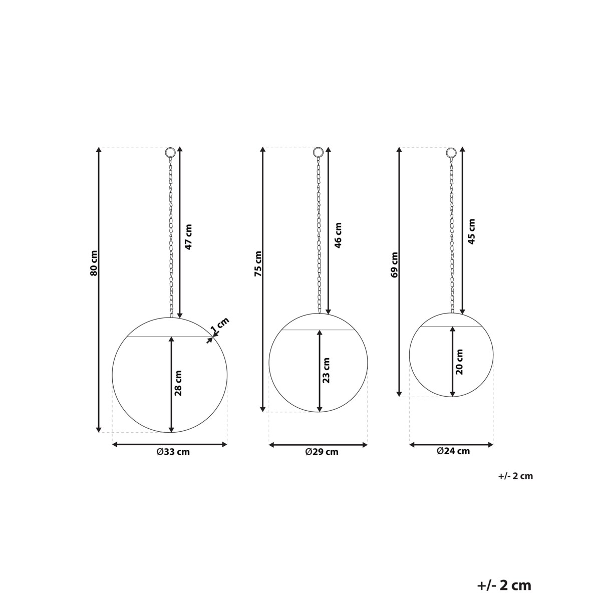 Zestaw 3 metalowych okrągłych luster ściennych na łańcuszkach ø 24 ø 29 ø 33 cm czarny ODOS