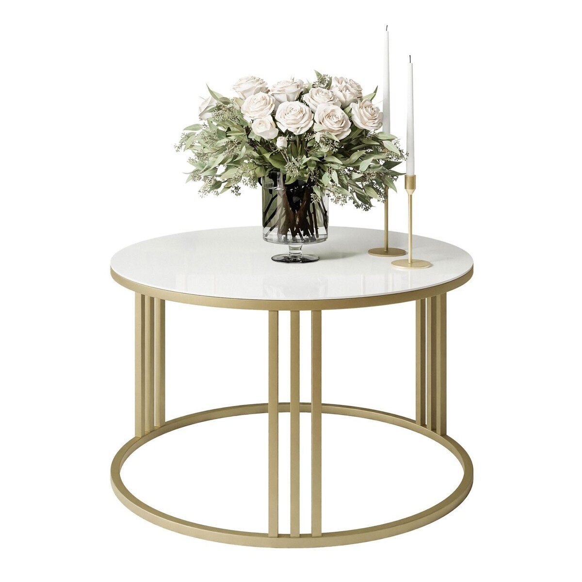 Okrągły stolik kawowy LORI złoty mat białe szkło