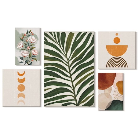 Zestaw 5 obrazów na płótnie - Roślinne wzory boho kształty - zielony