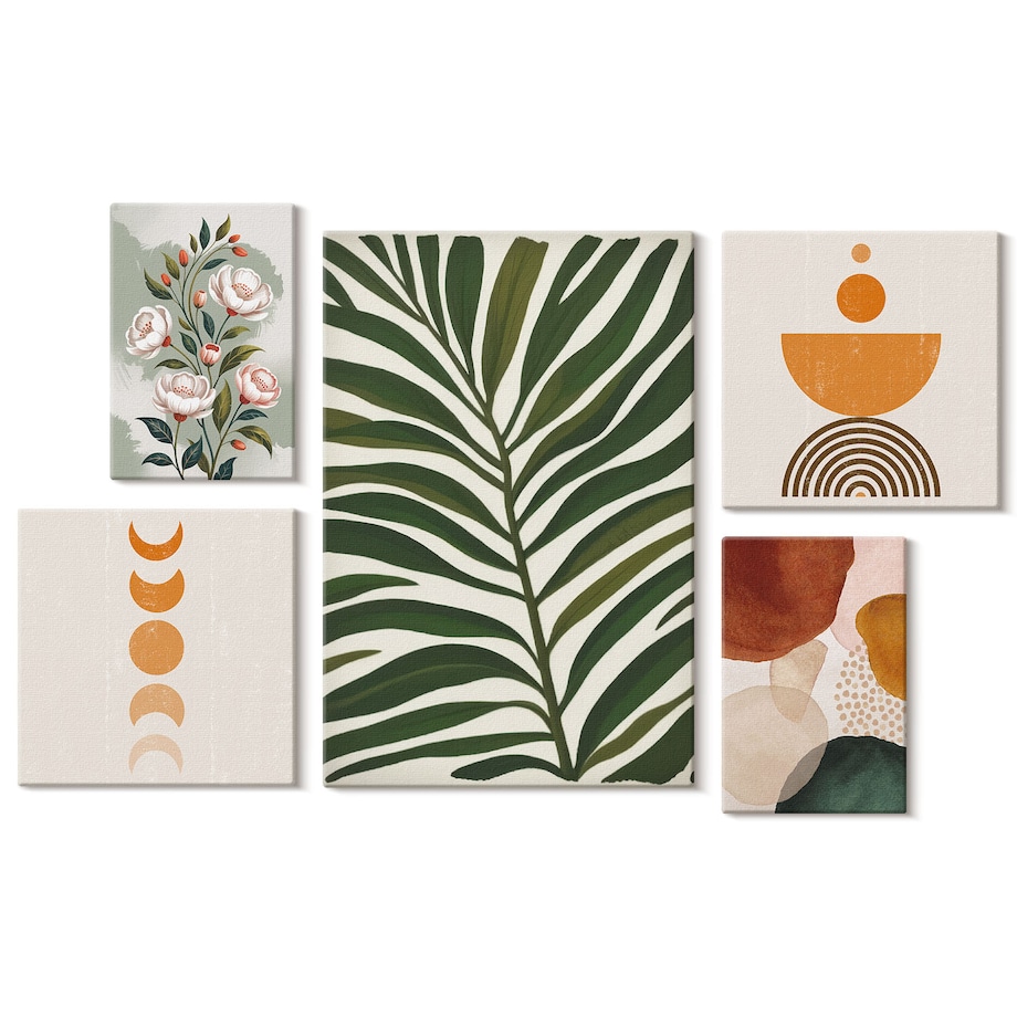 Zestaw 5 obrazów na płótnie - Roślinne wzory boho kształty - zielony