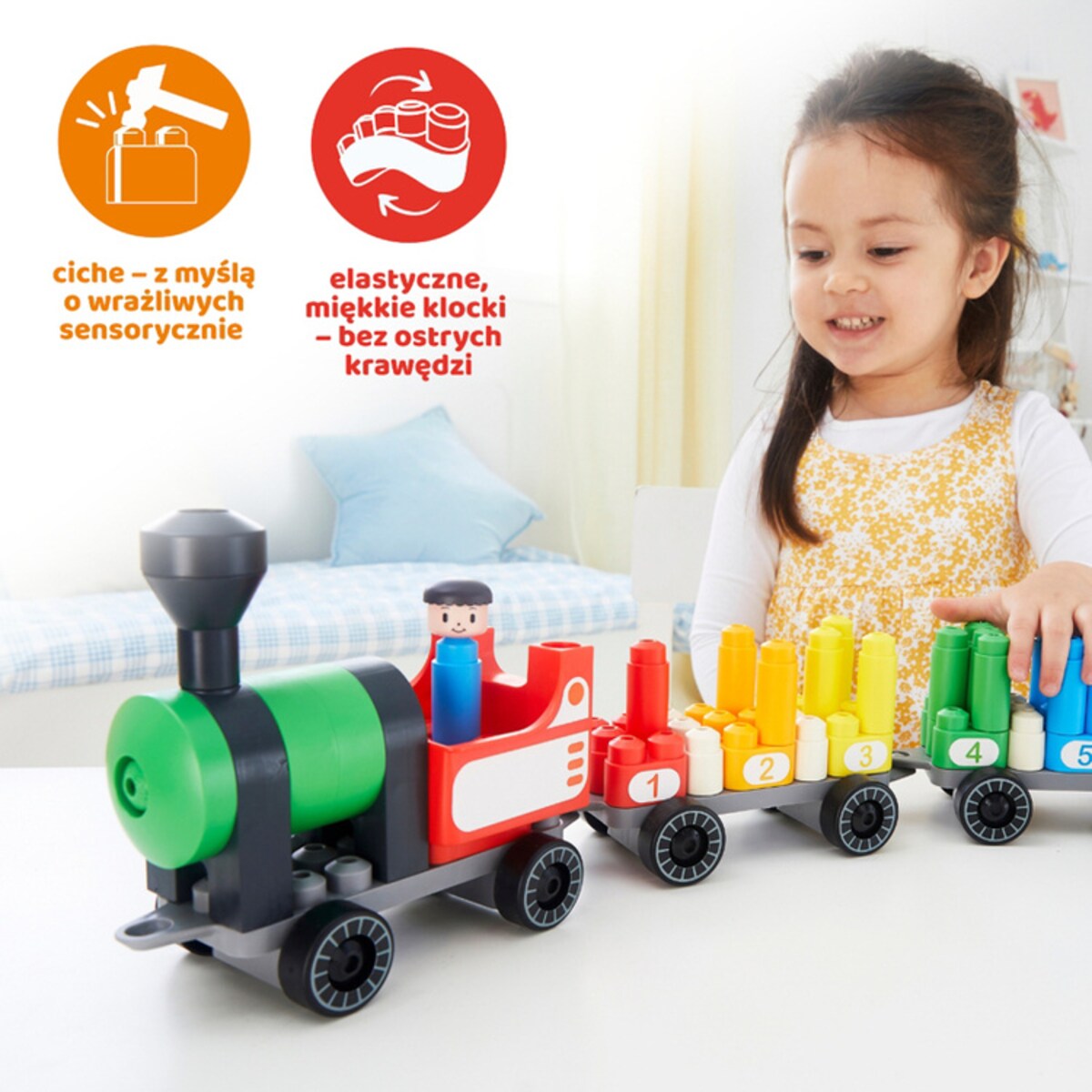 Miękkie Klocki Konstrukcyjne Tęczowy Pociąg do Liczenia 63 el. 2+ PolyM