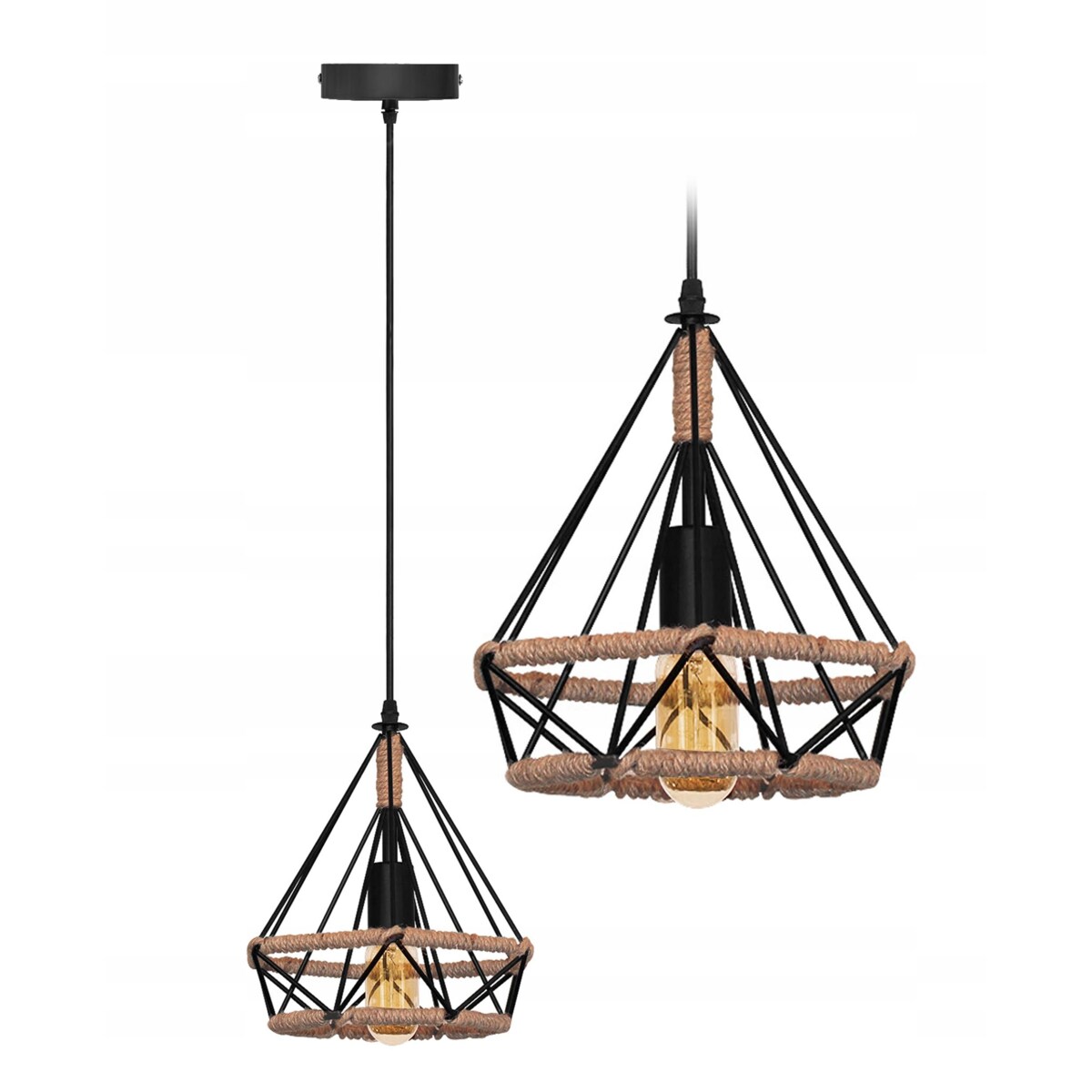 Lampa Sufitowa Wisząca Czarna Sznur Geometryczna