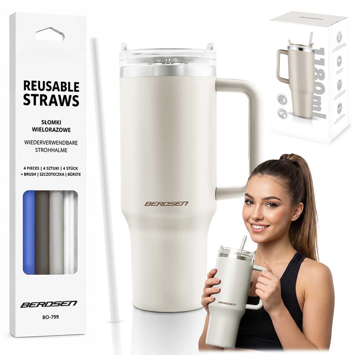 Kubek termiczny Berdsen kremowy 1180ml stal nierdzewna zimne ciepłe napoje + zestaw słomek
