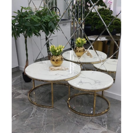 Zestaw złotych okrągłych stolików kawowych Premium Marco z kamiennym blatem marmurkowym 2 in 1