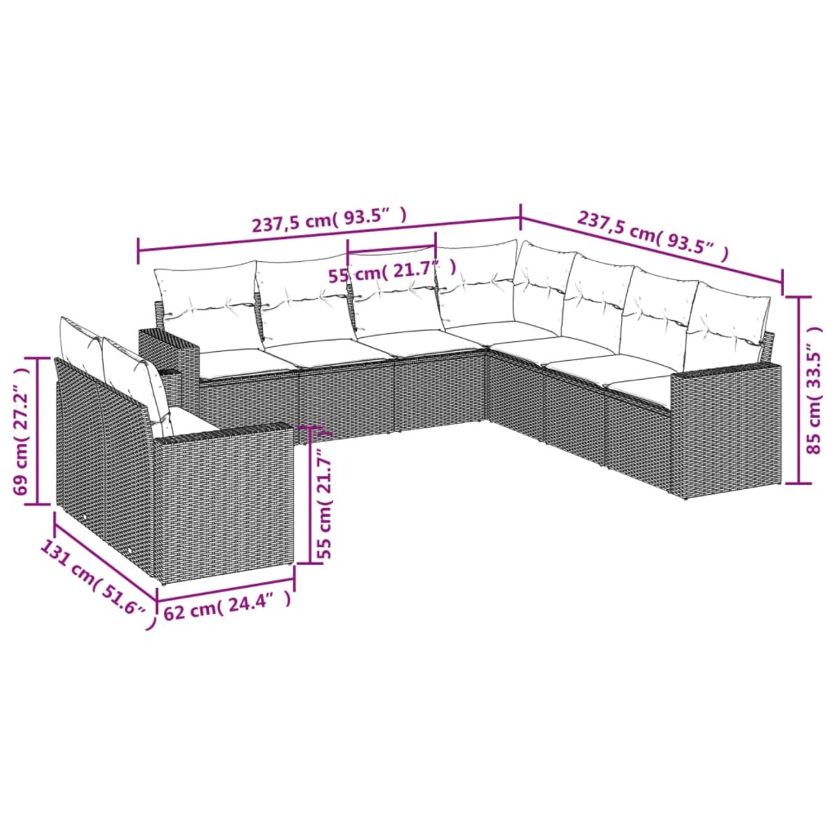 vidaXL 9-cz. zestaw wypoczynkowy do ogrodu, z poduszkami, czarny
