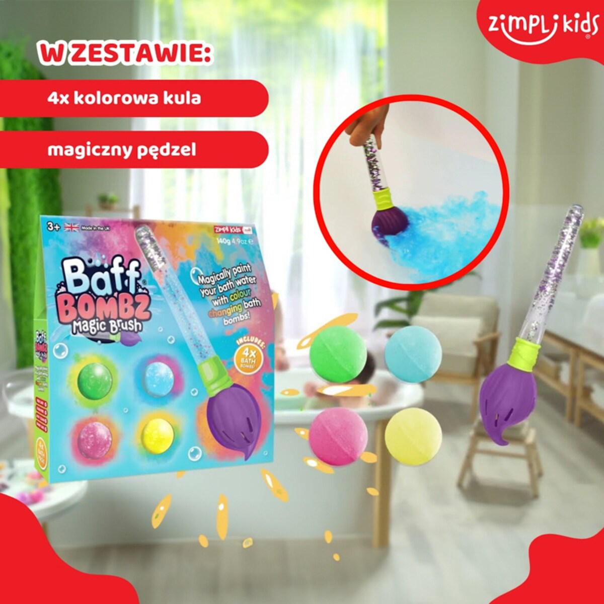 Kule do zabawy do kąpieli dla dzieci zestaw 4 szt. z pędzlem Baff Bombz Magic Brush 3+ Zimpli Kids