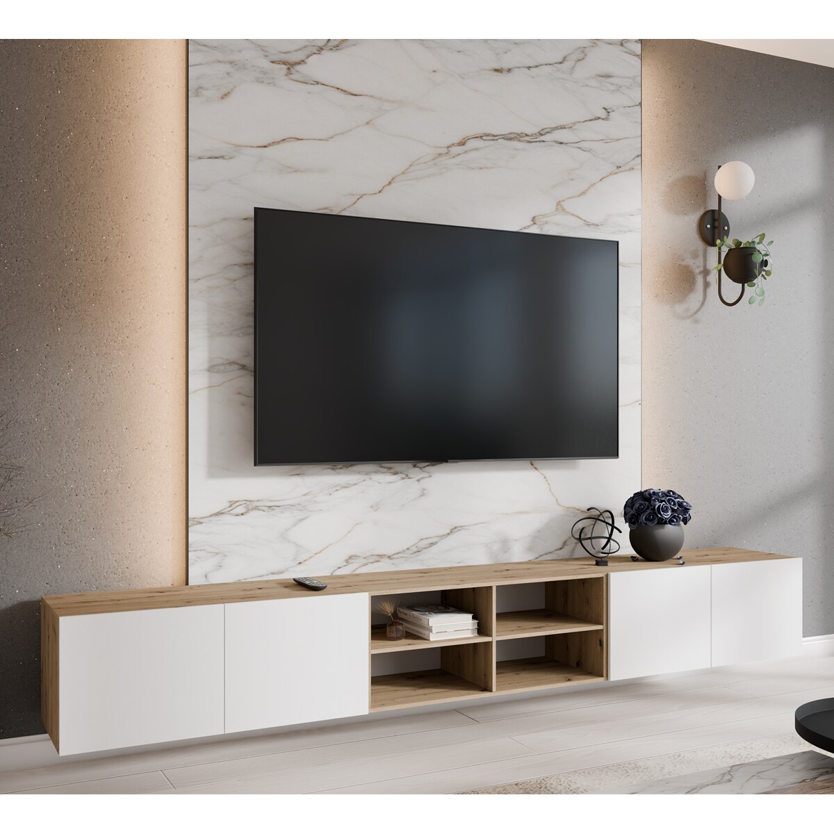 Szafka RTV LION 300 cm otwarta z półkami, do salonu -artisan+biały