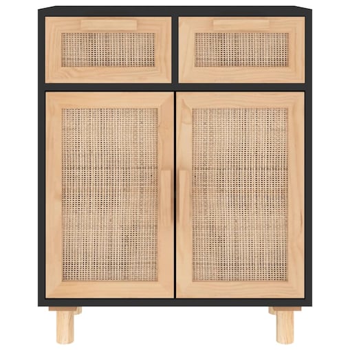 vidaXL Komoda, czarna, 60x30x75 cm, lita sosna i naturalny rattan