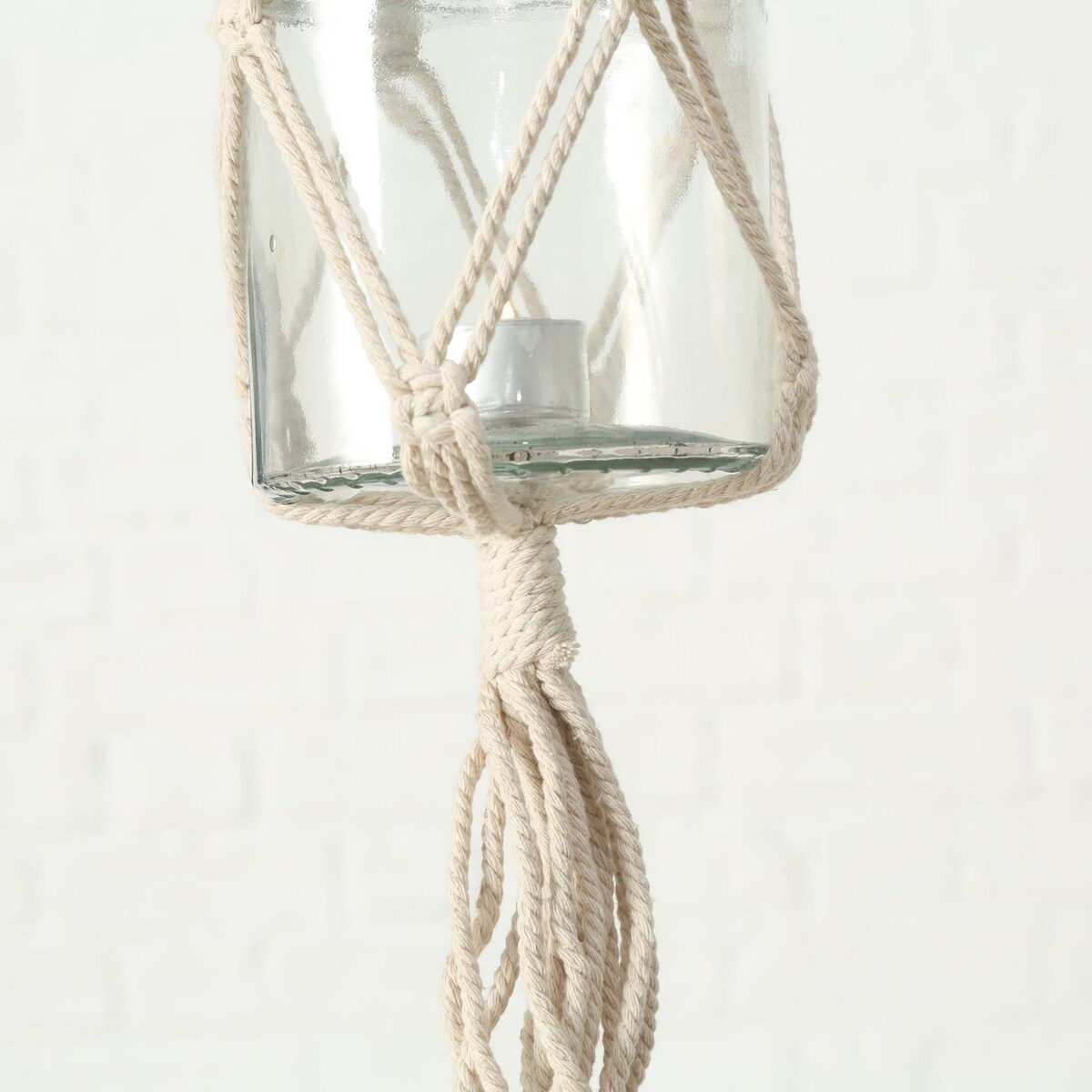 Szklana doniczka na kwiaty, dekoracja z makramy MAKRAMEE, 83 cm