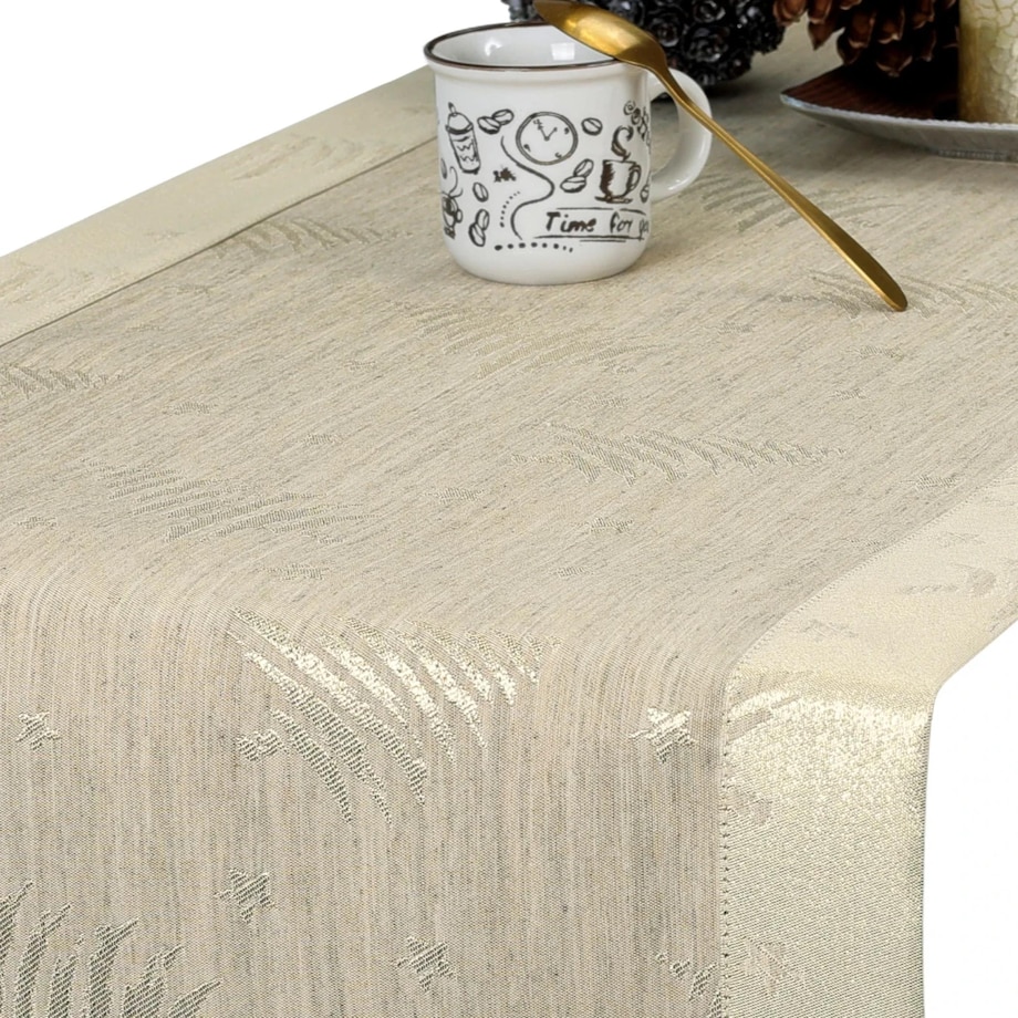 Bieżnik świąteczny w Złote Choinki i Gwiazdki z mankietem O5 beżowy - 40x220 cm - beżowy